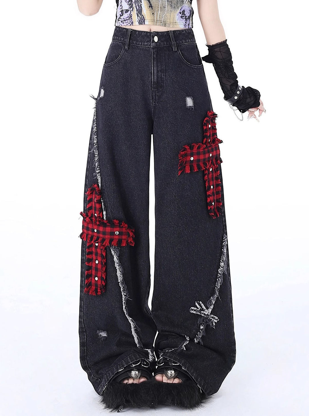 Rock-Punk Distressed Straight-Leg Wide-Leg Jeans