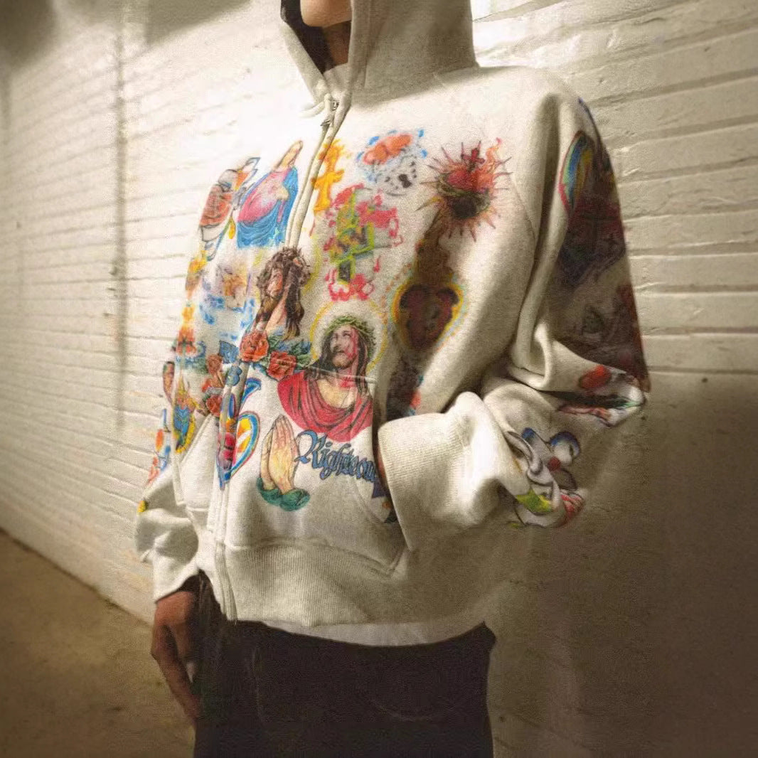 RIGHTEOUS Jesus Cross Cartoon Hooded Zip-up Sweatshirt