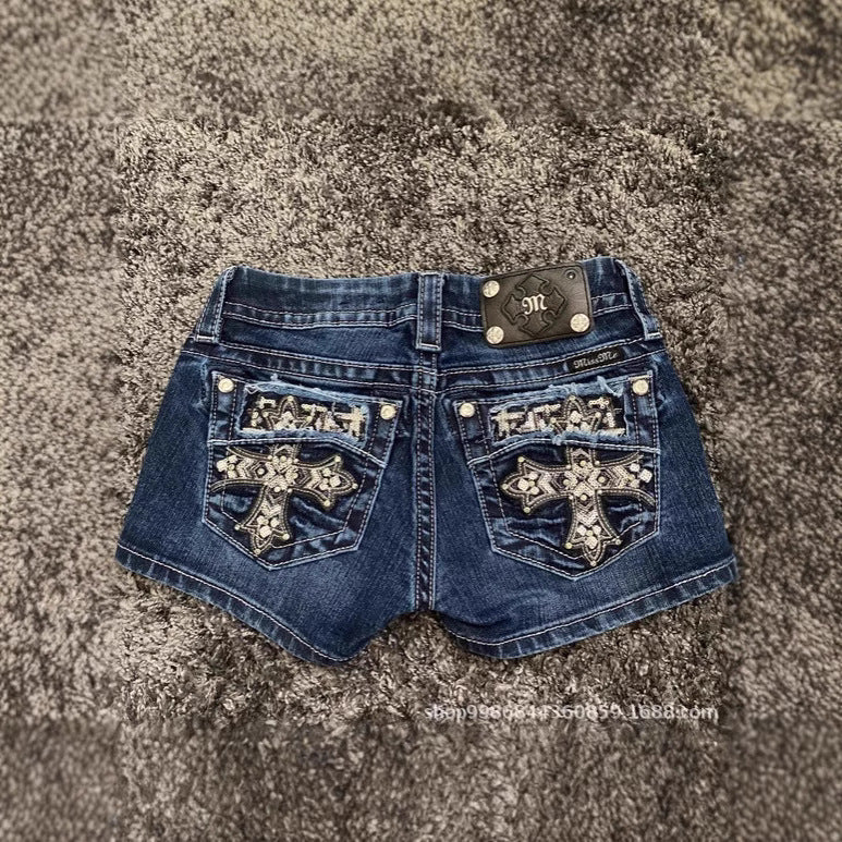 Rhinestone cross pattern embroidered versatile shorts