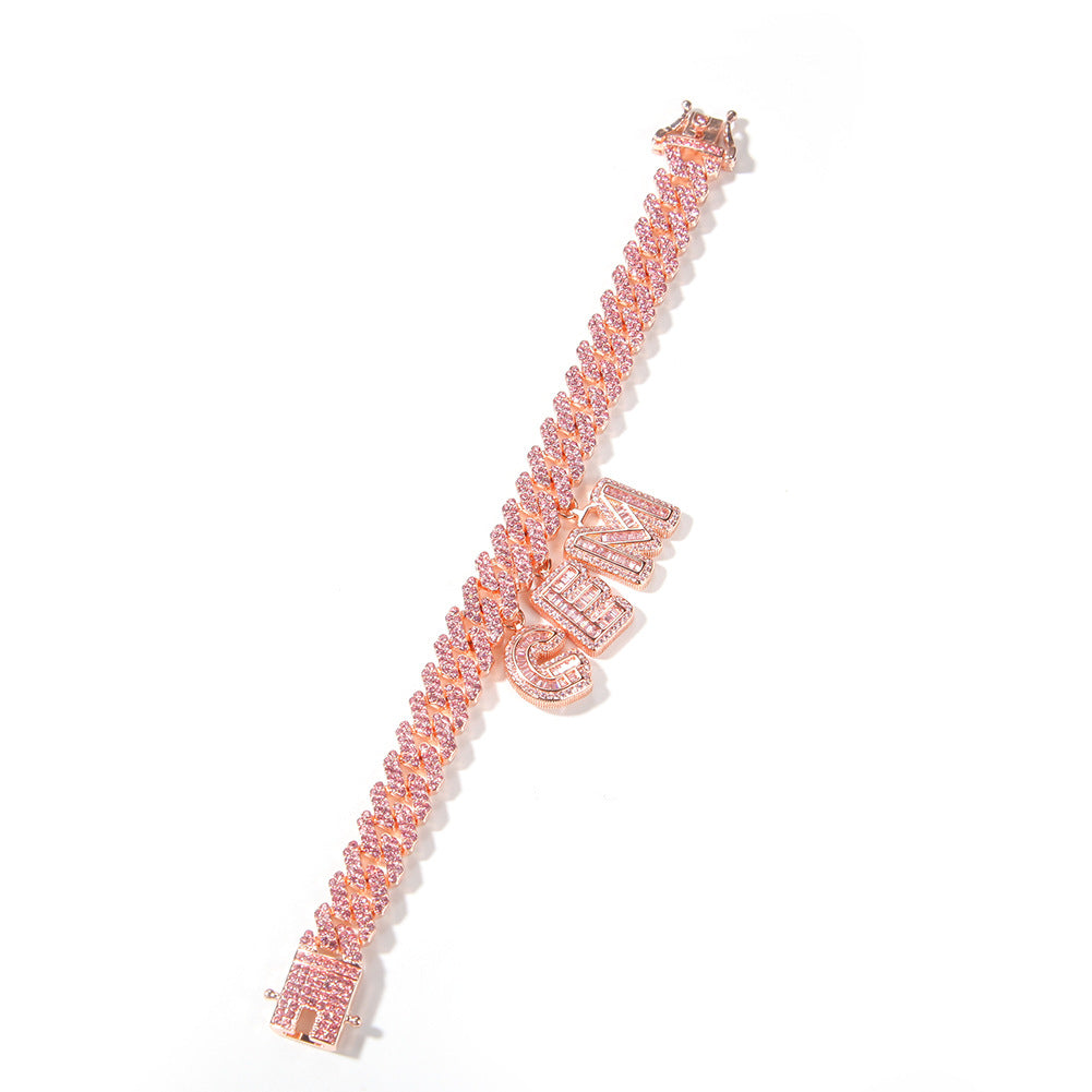 Pink diamond-set custom letter Cuban chain bracelet and necklace