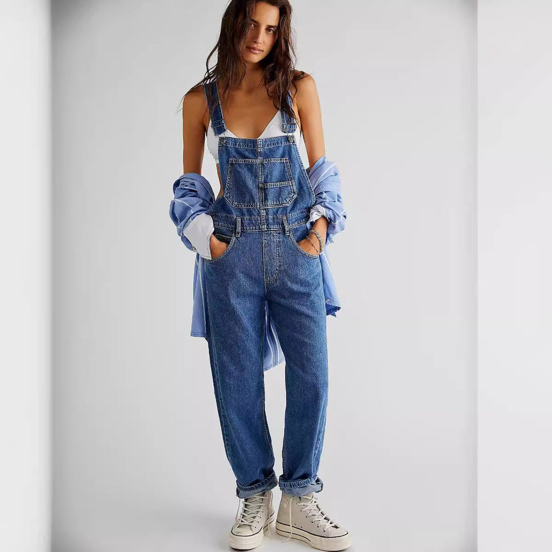 Washed Loose-Fit Denim Overalls