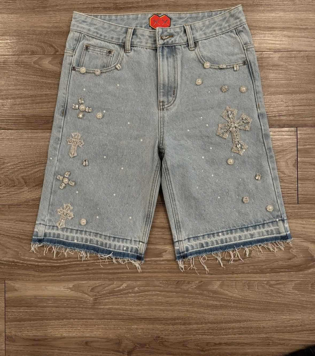 Hot-rhine cross five-point washed denim shorts