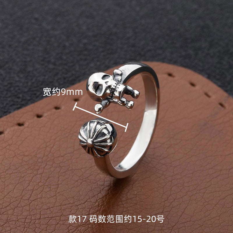 S925 sterling silver chrome hearts cross flower retro open ring