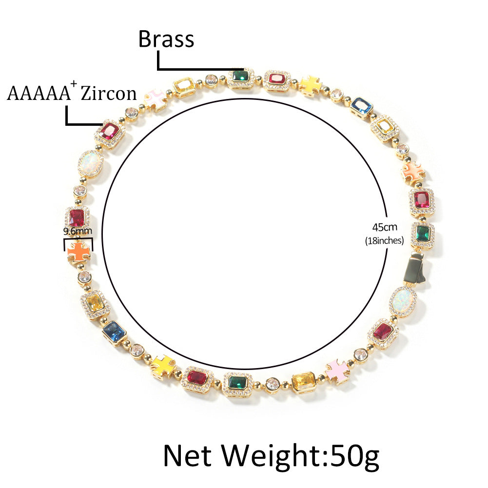 Hip-hop diamond-encrusted multicolored gemstone necklace