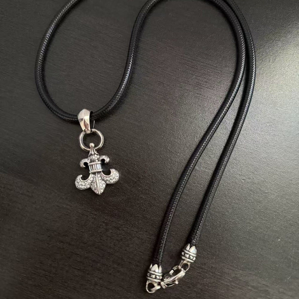 Chrome Hearts Dark Style Anchor and Cross Leather Cord Necklace