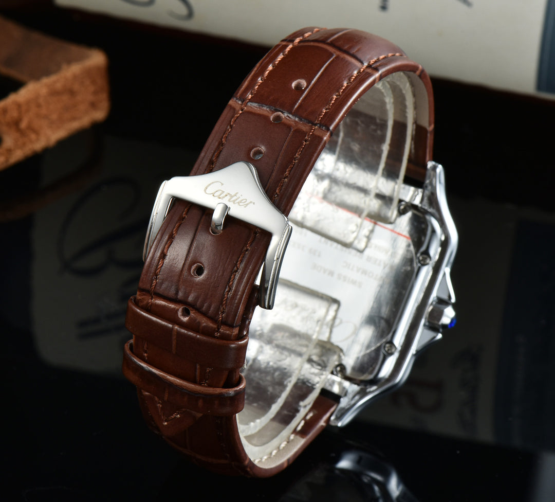 Leather Strap, Three-Hand Quartz Watch with Square Case