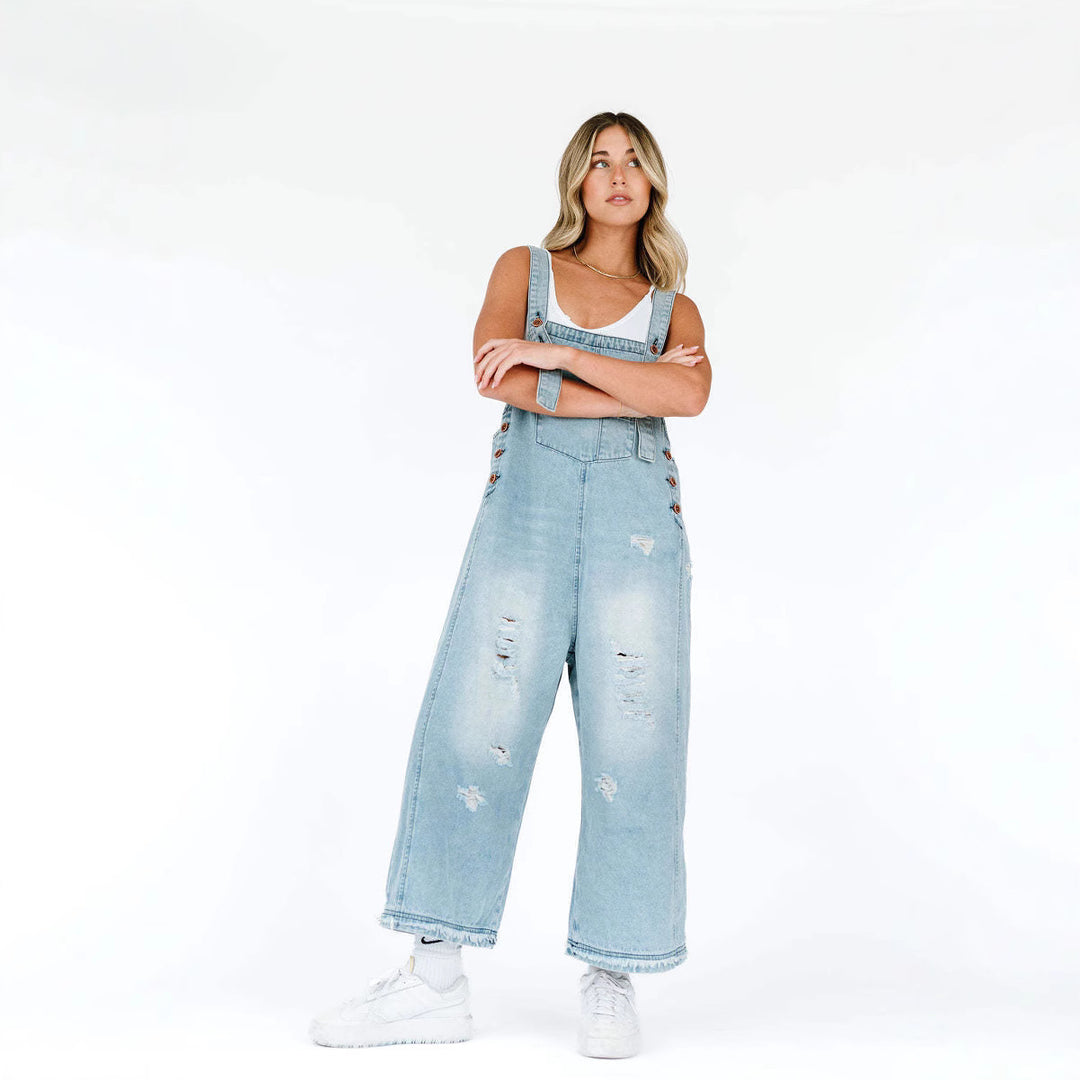 Vintage Distressed Ripped Loose-Fit Wide-Leg Denim Overalls