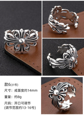 S925 sterling silver chrome hearts cross flower retro open ring