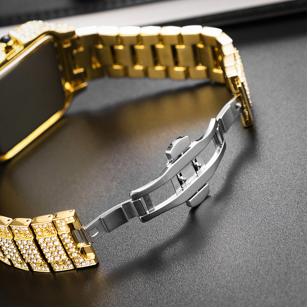 Hip-Hop Square Quartz Watch with Full Diamonds and Roman Markers