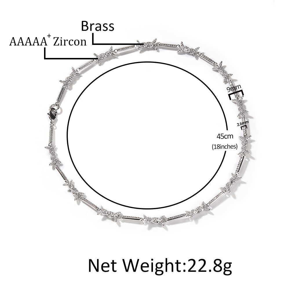 Hiphop zircon-encrusted barbed wire necklace