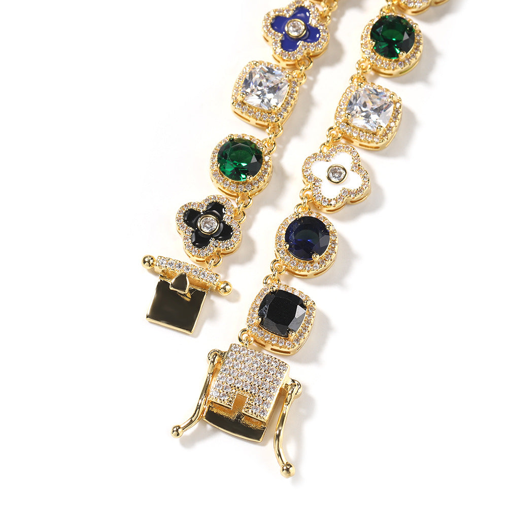 Hip-hop colorful rhinestone-encrusted flower necklace