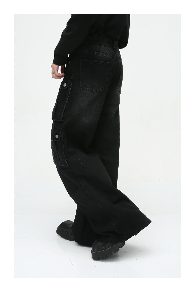 Heavy-Duty Retro Multi-Pocket Cargo-Style Wide-Leg Jeans