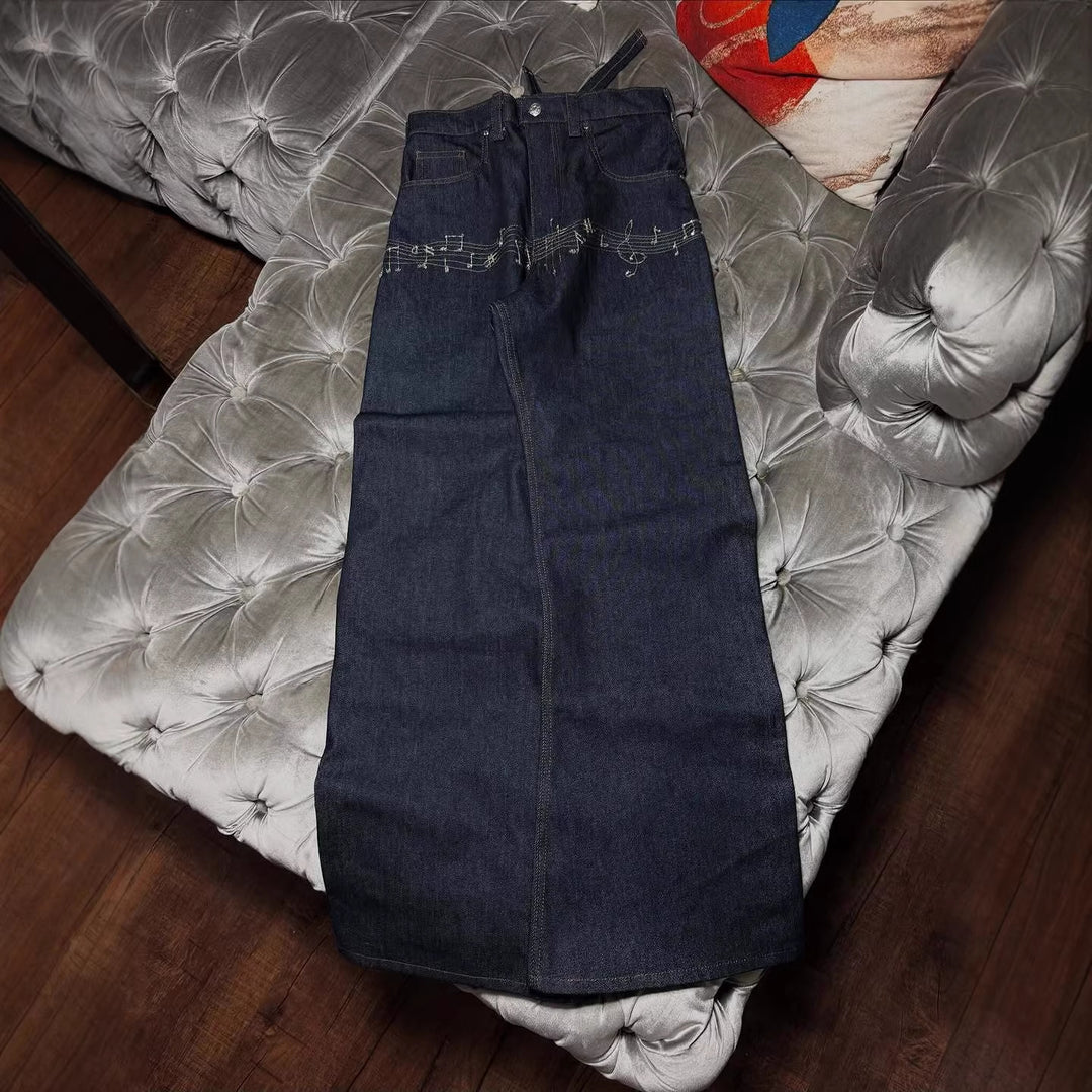 Y2K Loose-Fit Wide-Leg Patchwork Jeans with Floral Embroidery