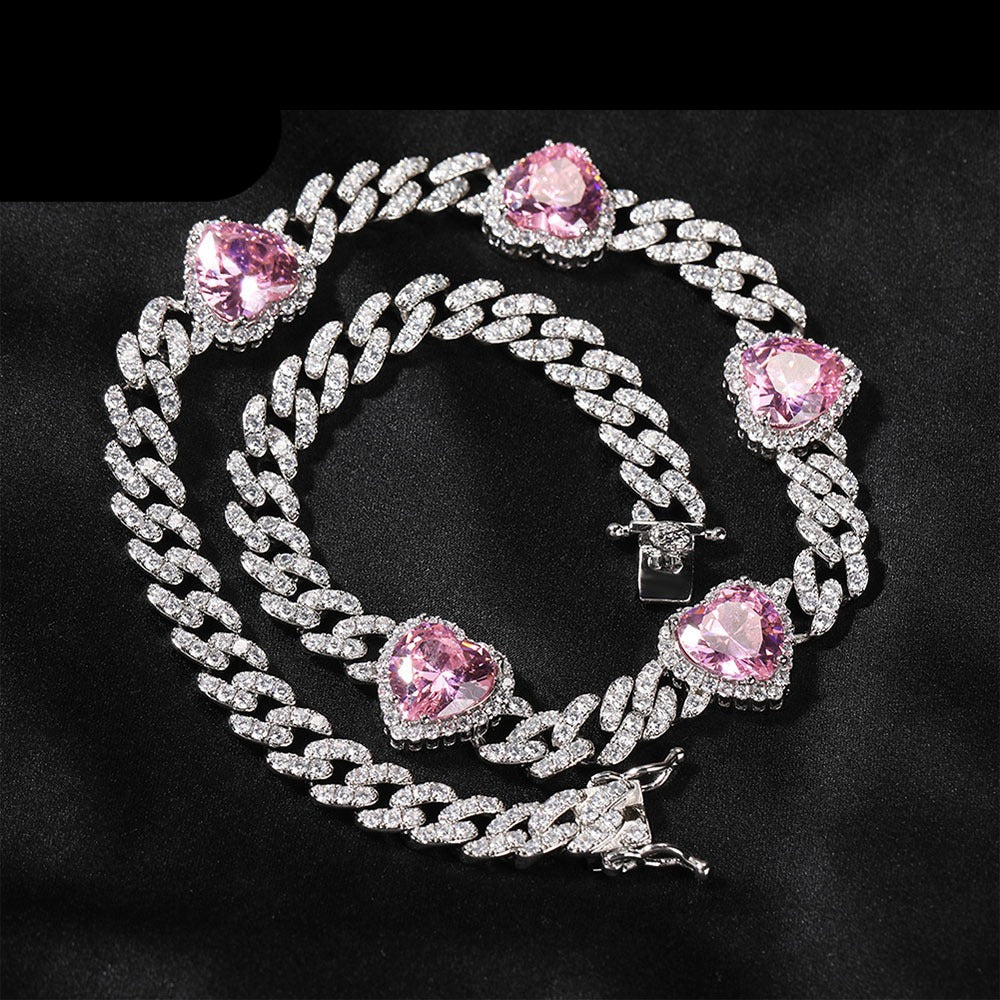 Heart Diamond Necklace Hip Hop 9MM Pink Zircon Cuban Chain