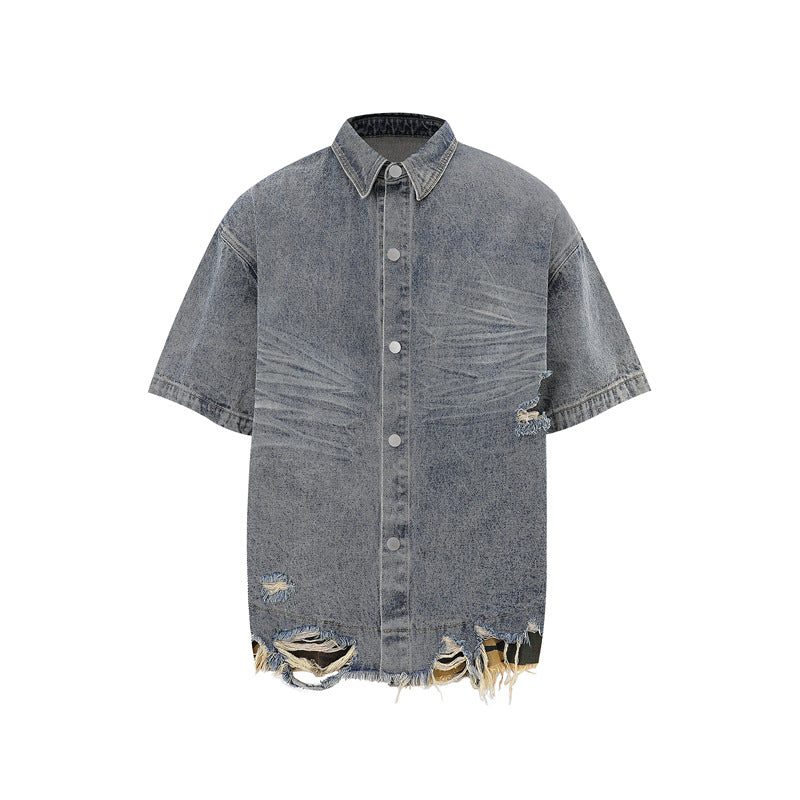 Raw-Hem Leopard-Print Patchwork Denim Shirt & Shorts Set