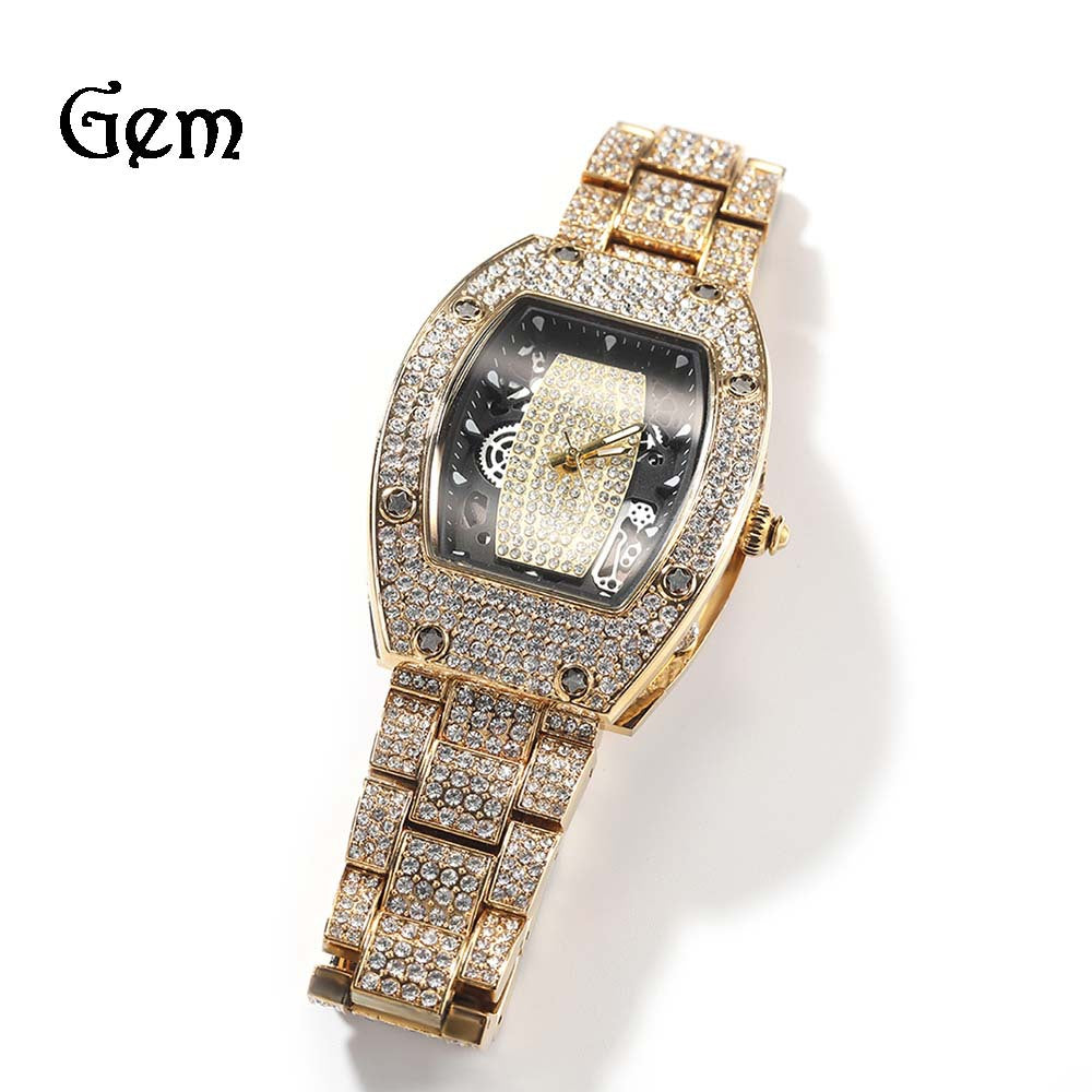 Diamond-set color-blocked hip-hop tonneau-shaped watch