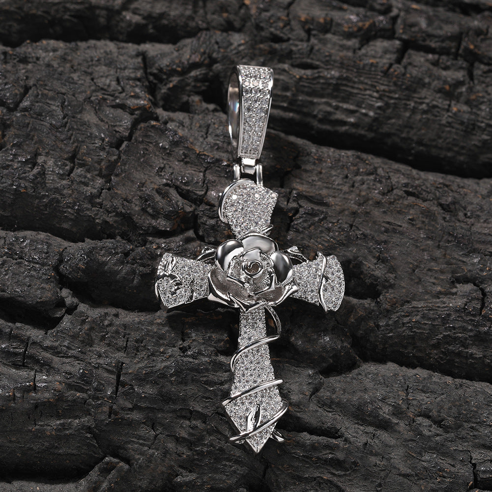 Hip-hop rose cross necklace with 5A zircon inlay