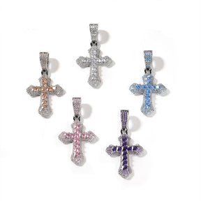 Hip Hop Cross Shape Copper Set Purple Zircon Pendant Jewelry Necklace