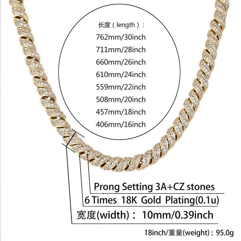 Hemp rope 10mm ice crystal zircon Cuban men's necklace