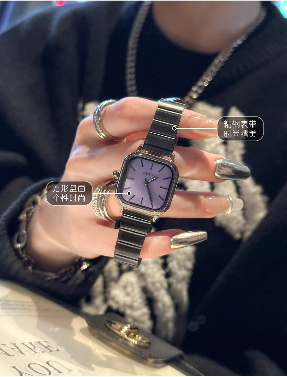 Bamboo-shaped strap artistic square dial women's watch