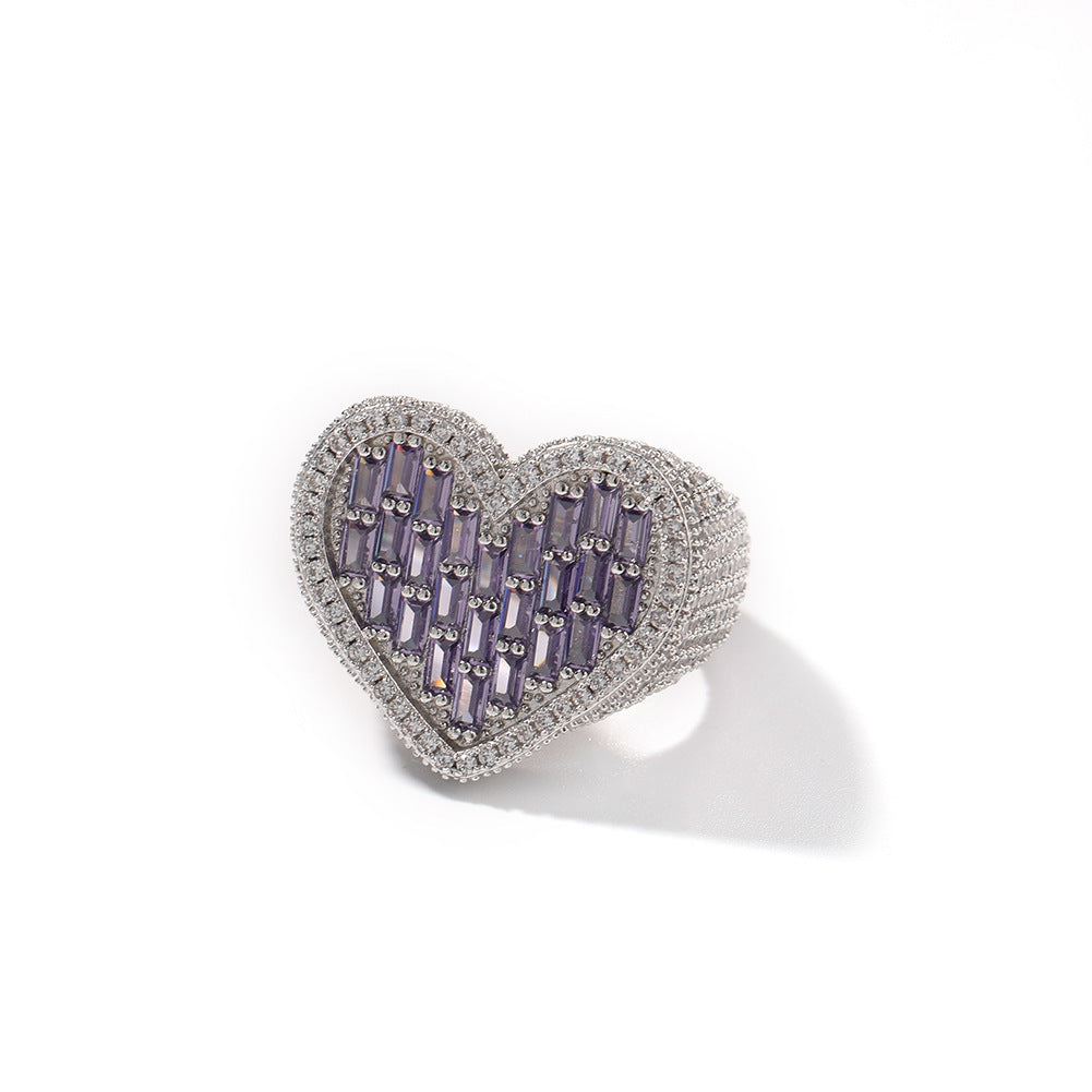 Hip-Hop T-Square & Heart-Shaped Zirconia Ring