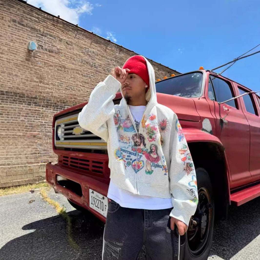 RIGHTEOUS Jesus Cross Cartoon Hooded Zip-up Sweatshirt