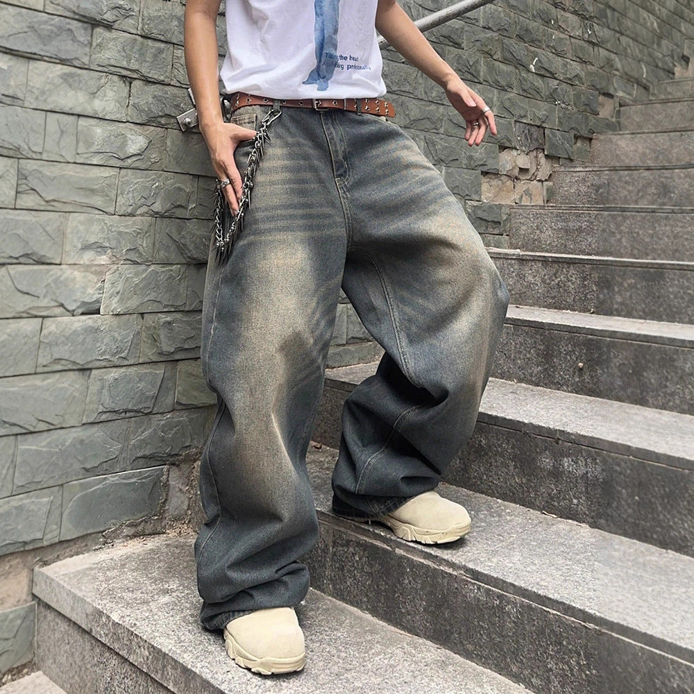 Washed Denim Jeans with a Loose Fit and Wide Legs