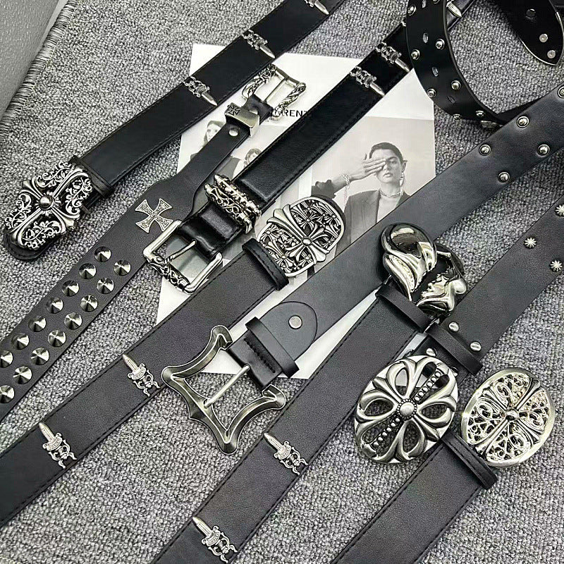 Chrome Hearts Vine Carved Coral Buckle Gothic Studded Leather Belt