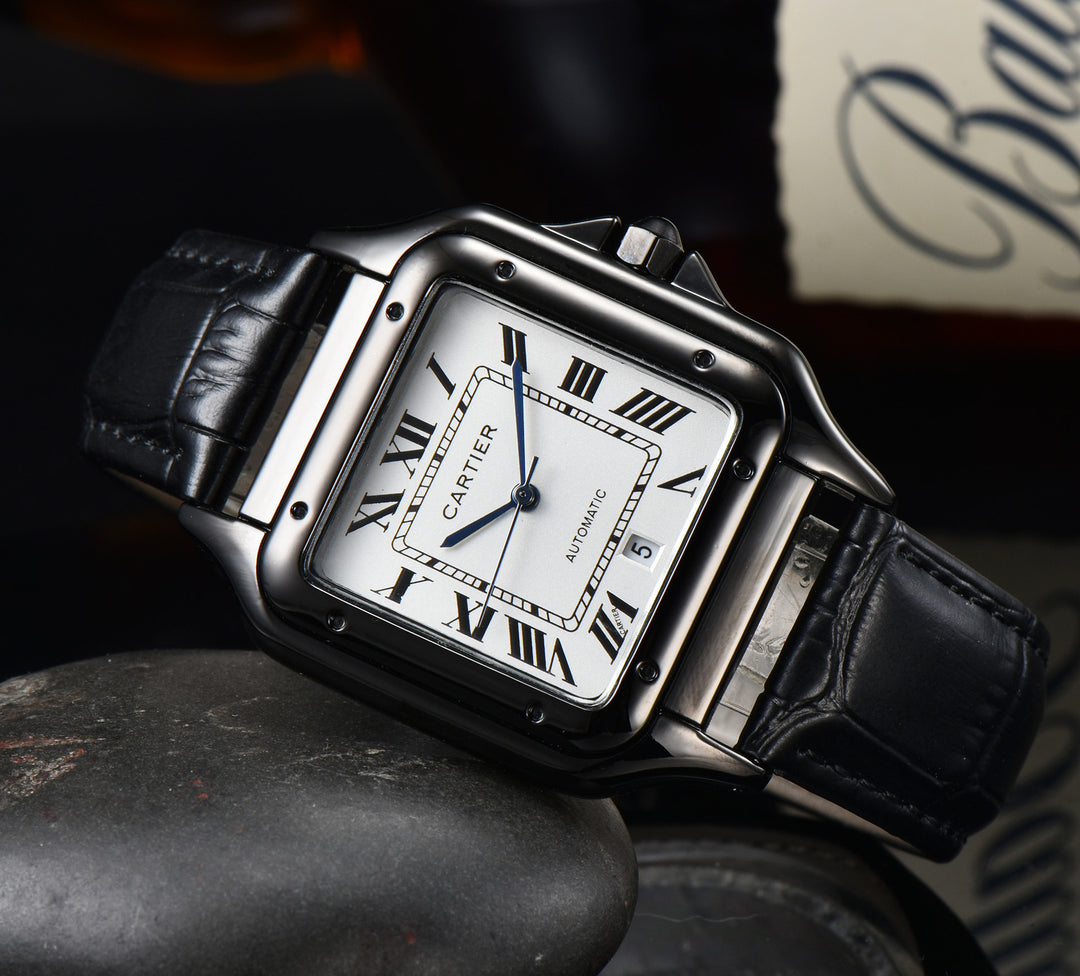 Leather Strap, Three-Hand Quartz Watch with Square Case