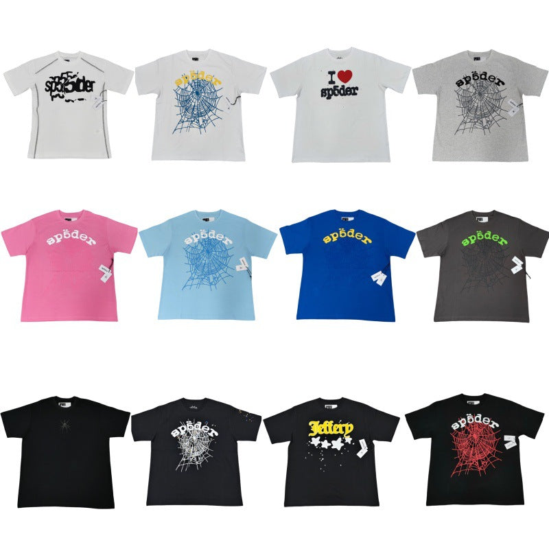 Hip-hop SP5der loose-fitting spider web T-shirt with lettering