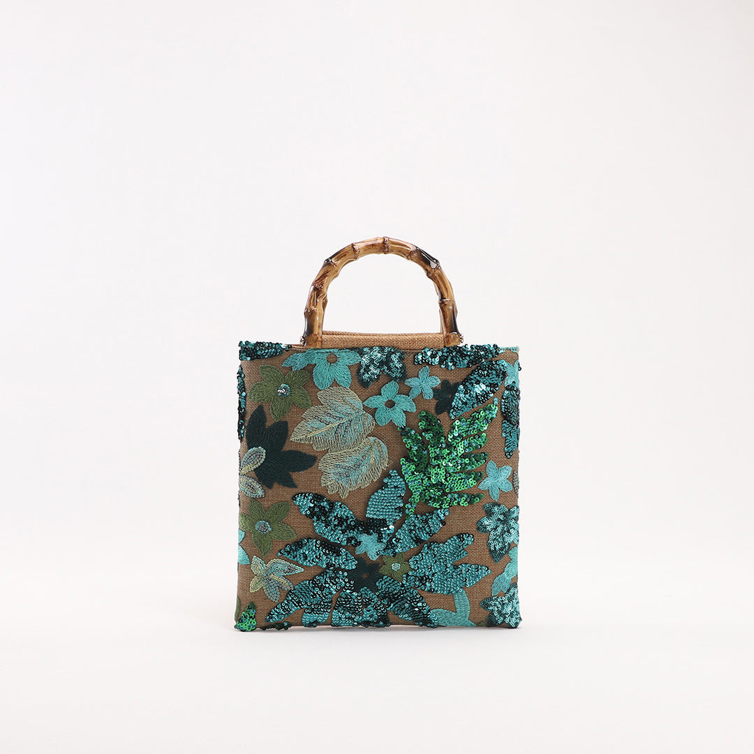 Embroidered sequins linen bamboo handle tote bag