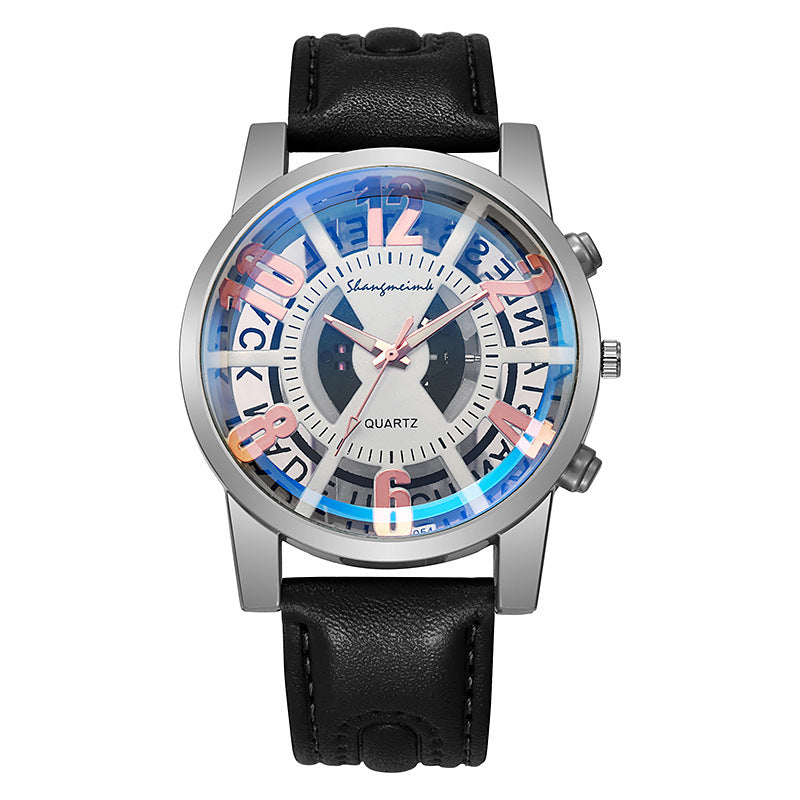 Large-dial, hollow-out blue-light men's watch.