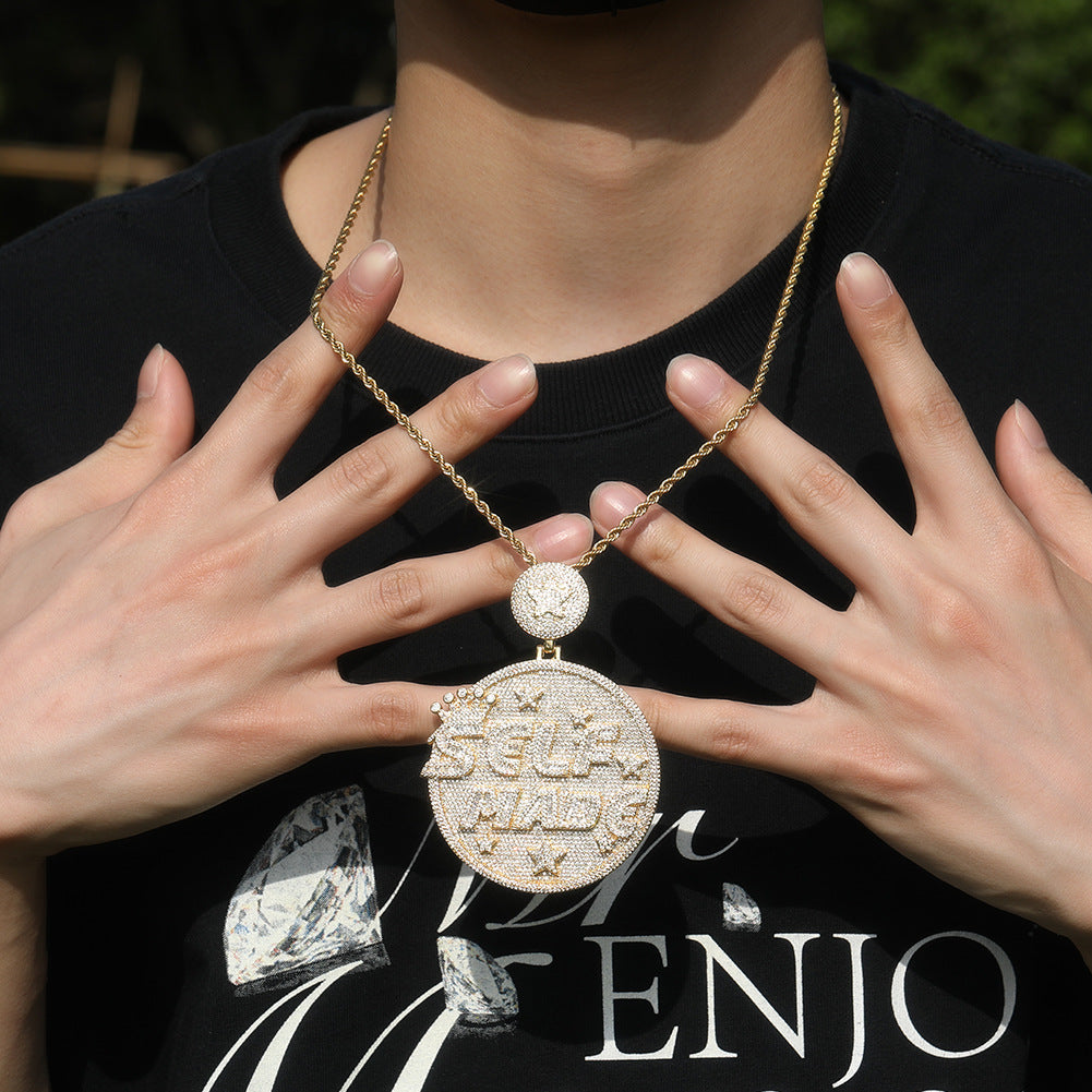 Self made hip-hop large diamond-encrusted disc necklace