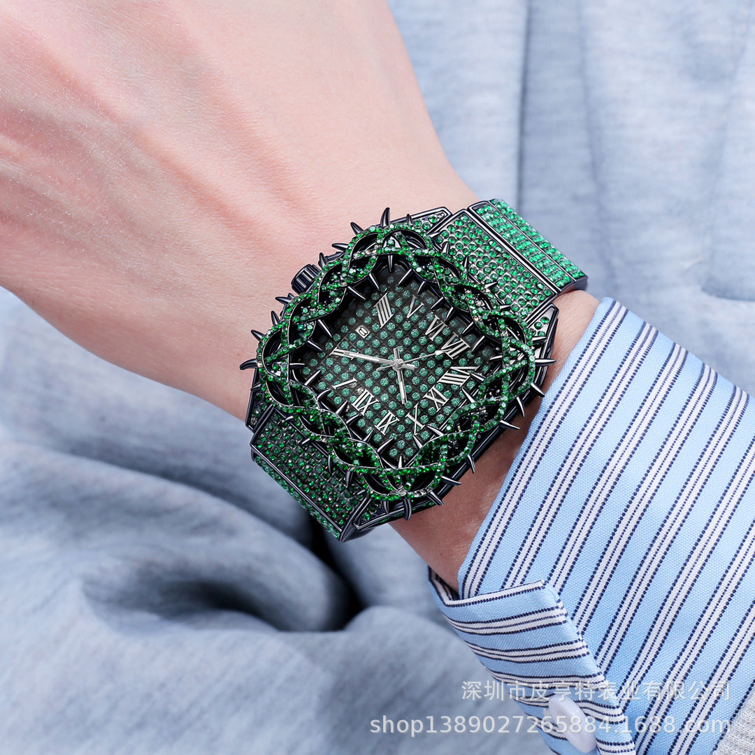 Square spiky dial, full diamond quartz watch