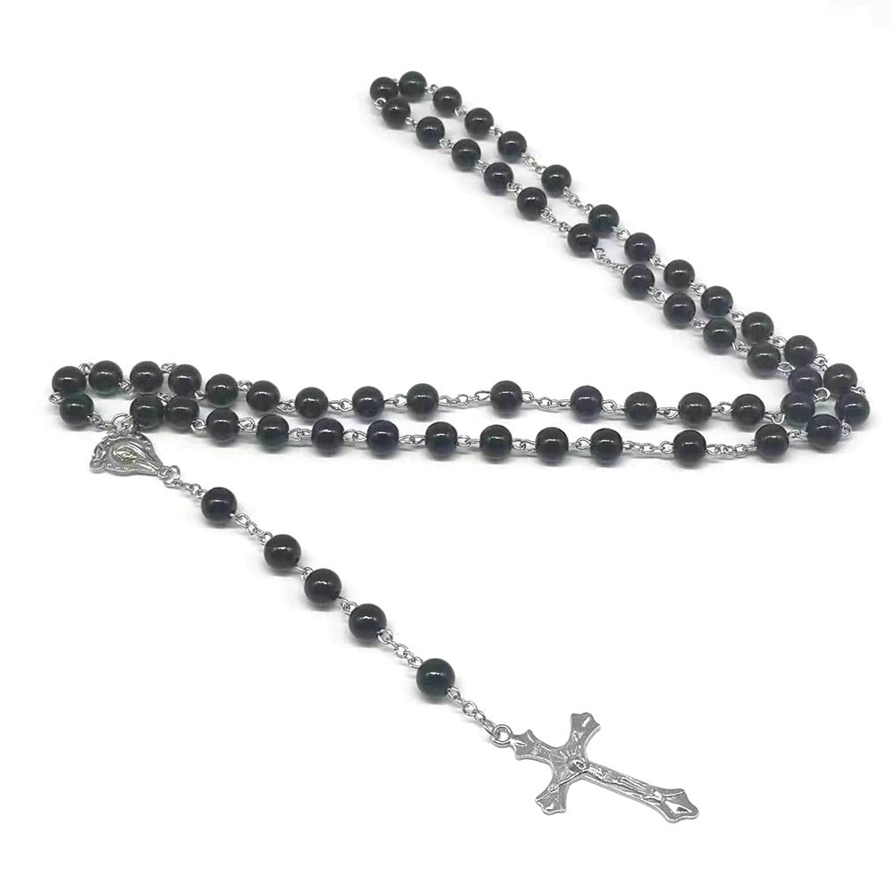 rosary necklace black and white round beads