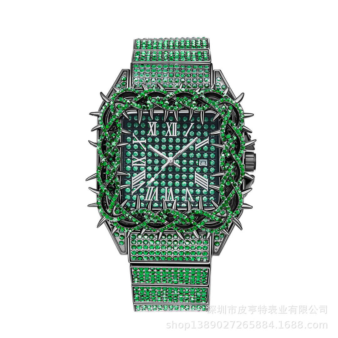 Square spiky dial, full diamond quartz watch