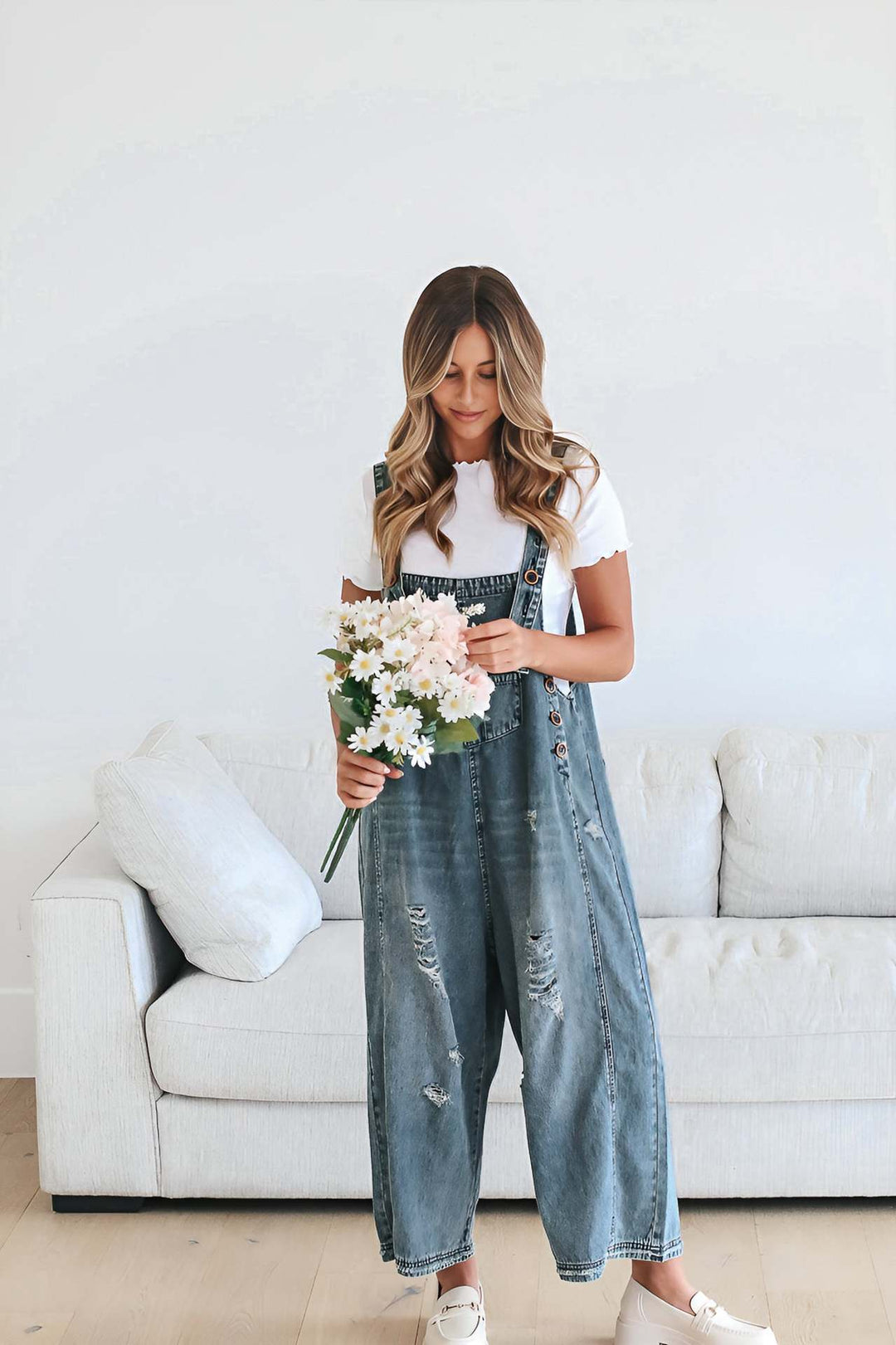 Vintage Distressed Ripped Loose-Fit Wide-Leg Denim Overalls