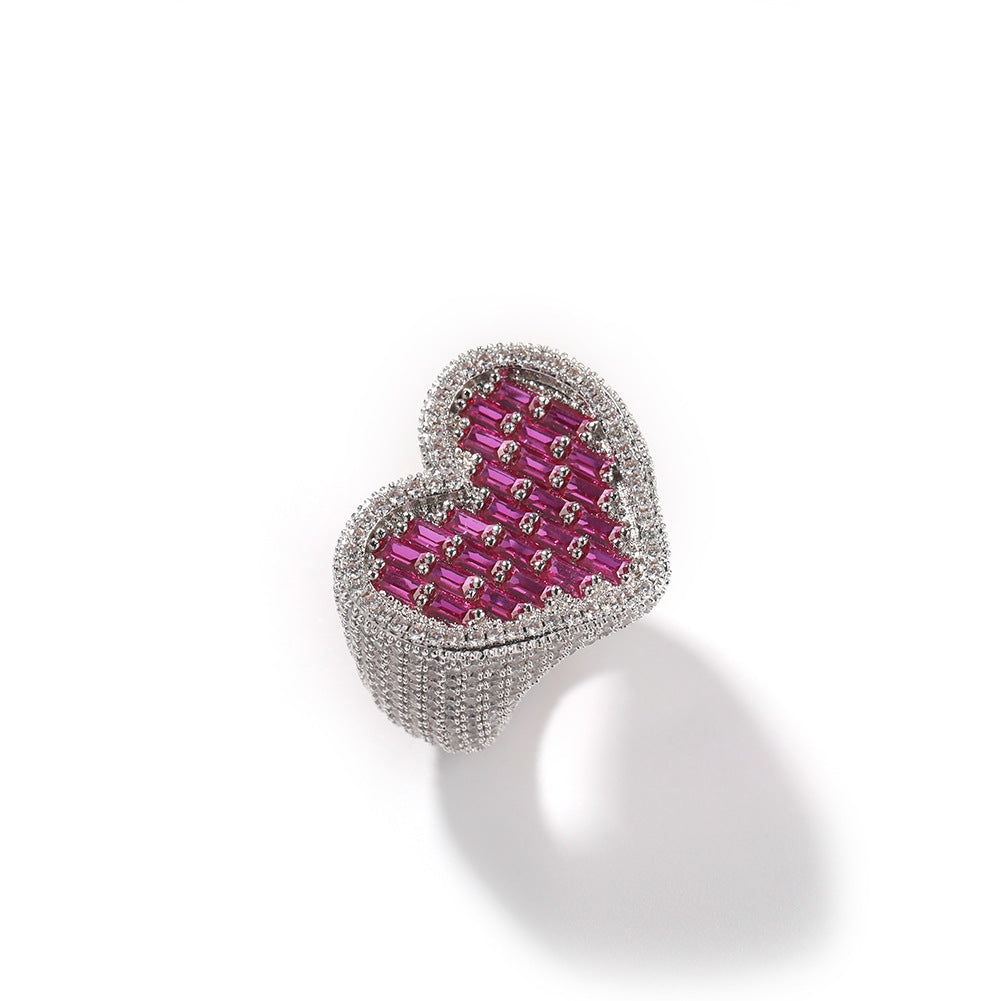 Hip-Hop T-Square & Heart-Shaped Zirconia Ring