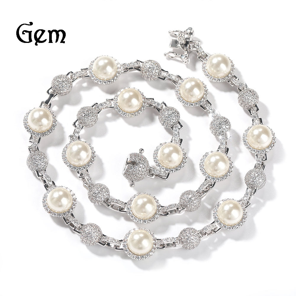 Hip-Hop Silver Pearl Necklace with Diamond Accents