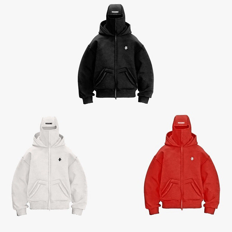 Letter embroidered ninja mask double hooded sweatshirt