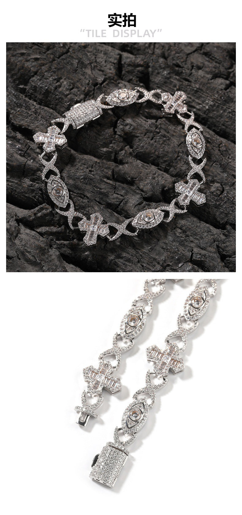 Hip-Hop Bracelet: Copper-Inlaid Zircon "Eye & Cross" Design