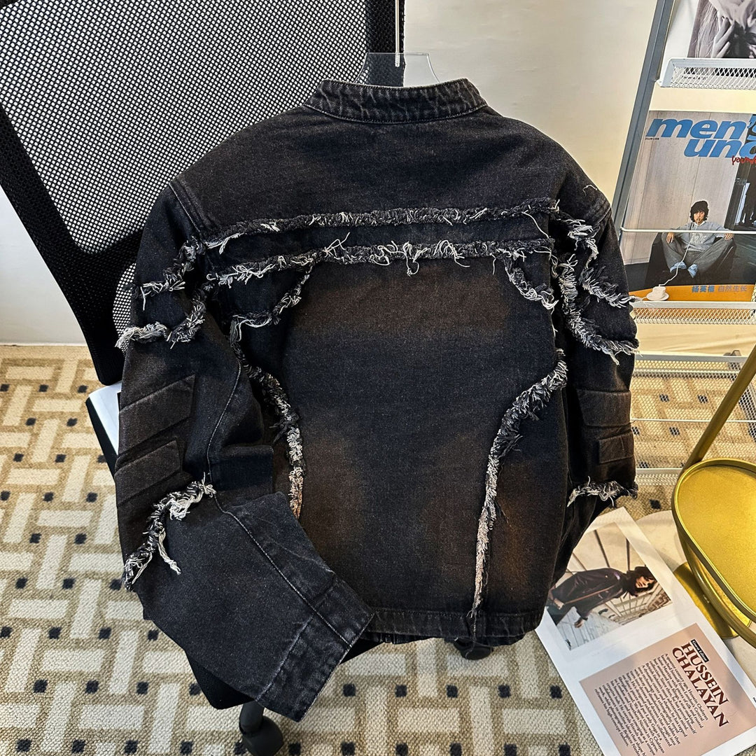 Embossed Raw-Hem Padded-Shoulder Denim Jacket