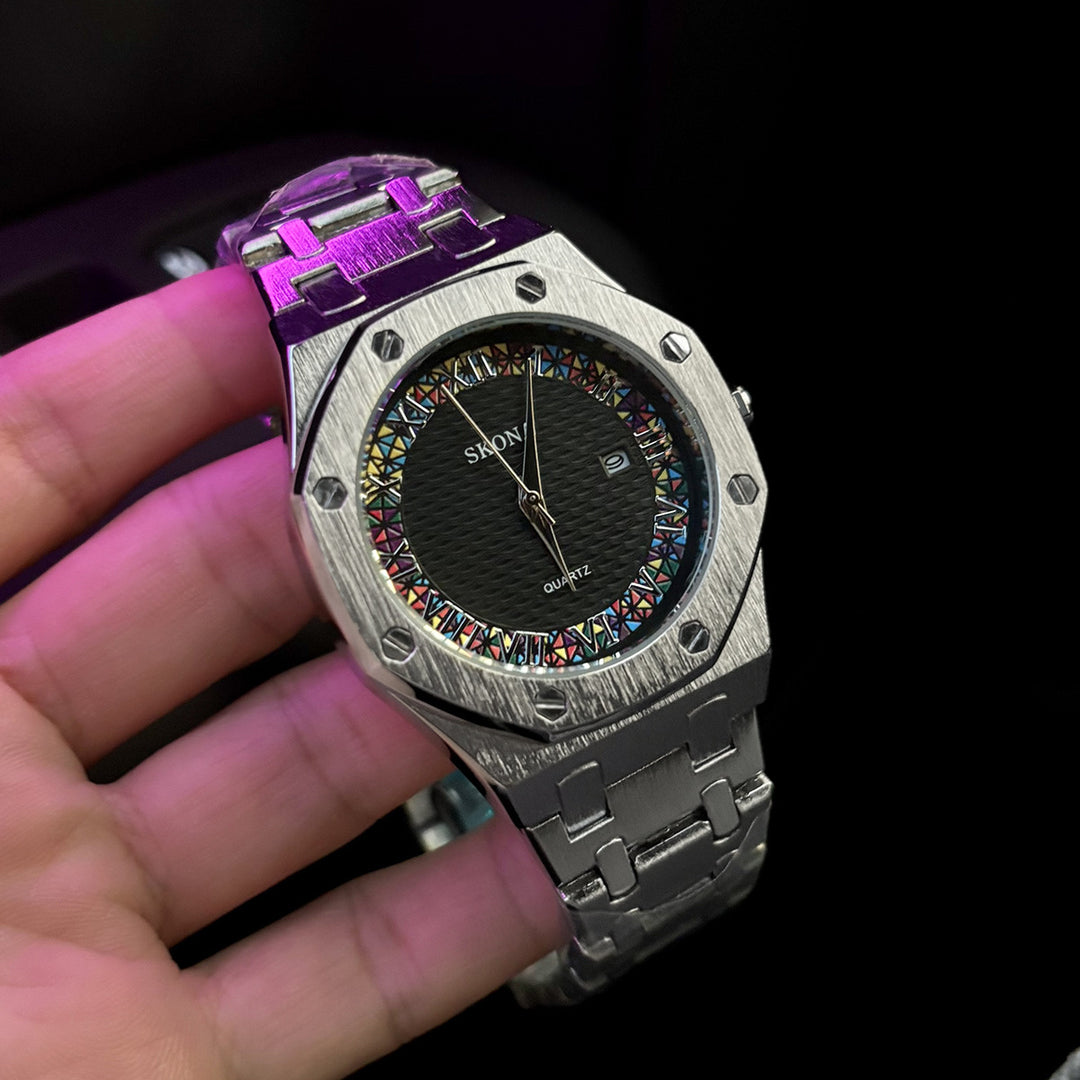 Stainless Steel Watch with Octagonal Bezel and Rainbow Roman Numerals