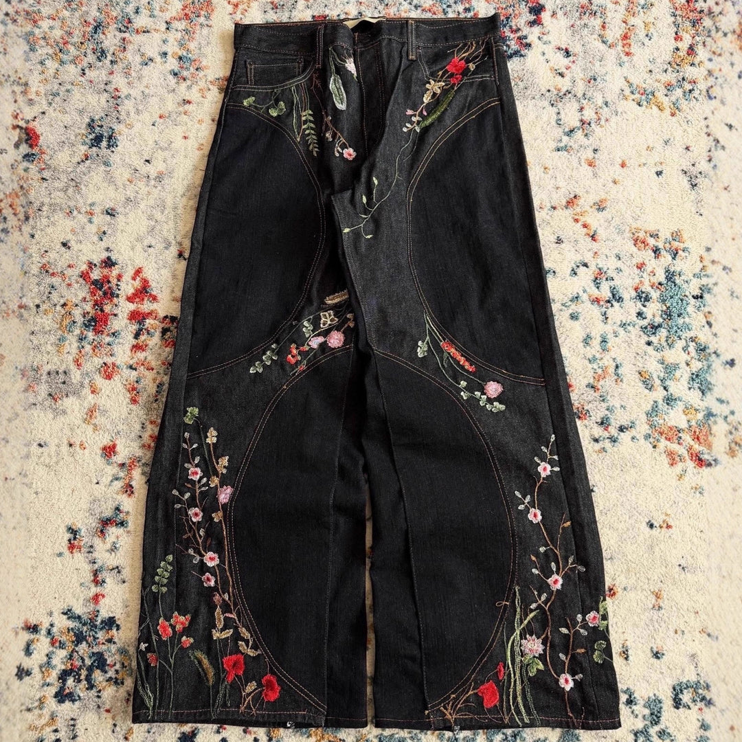 Y2K Loose-Fit Wide-Leg Patchwork Jeans with Floral Embroidery
