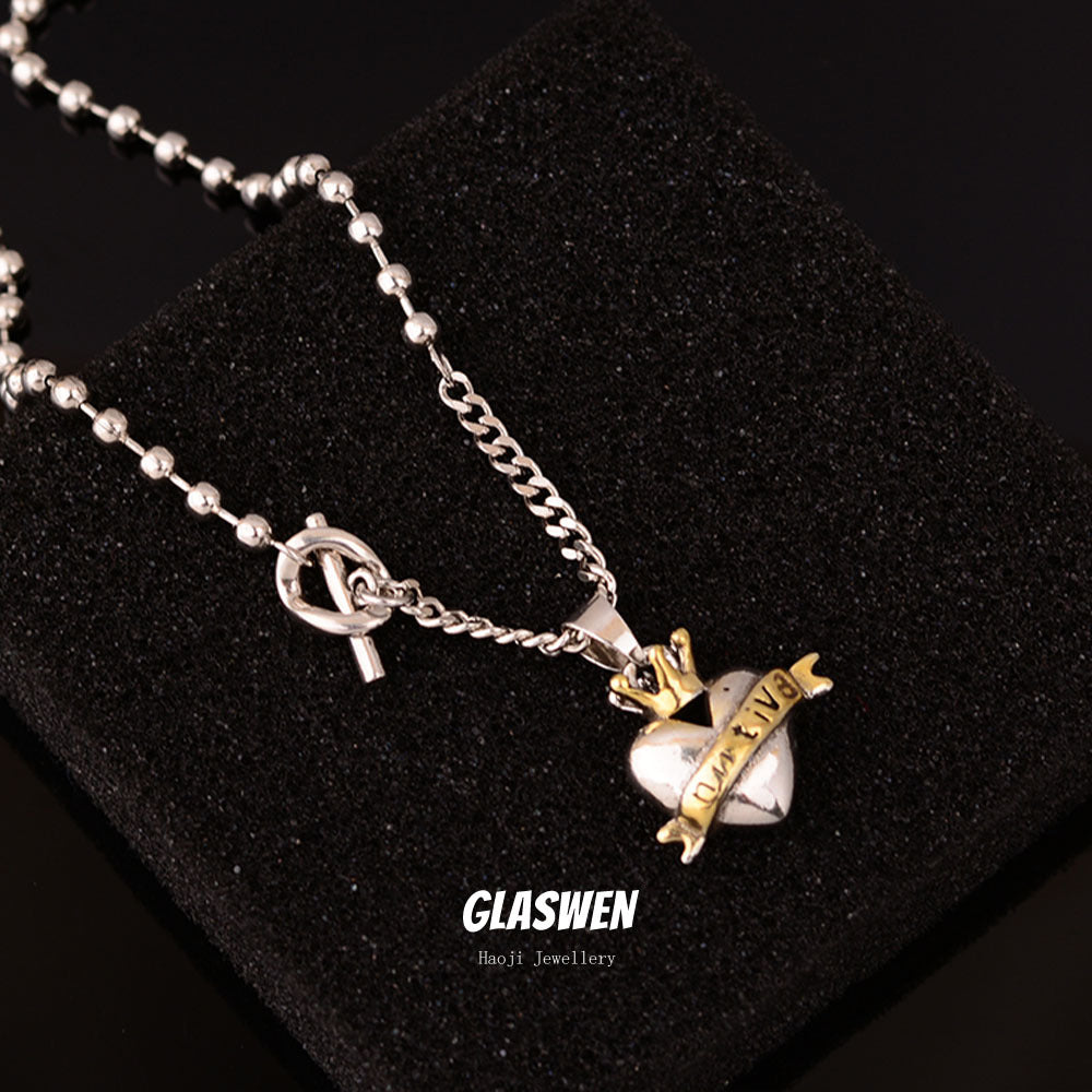 contrast heart pendant crown necklace