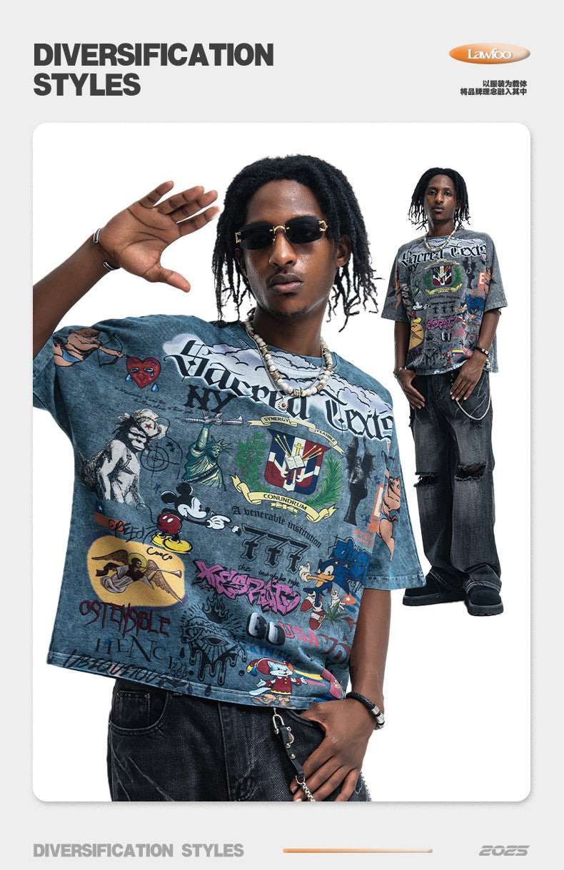 Vintage-Style All-Over Cartoon Print T-Shirt Washed & Distressed