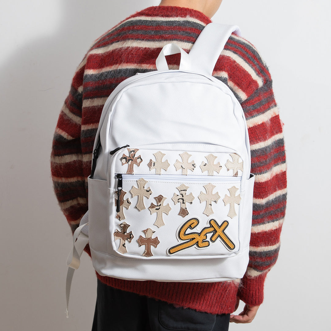 Chrome Hearts Cross PU Leather Student Backpack