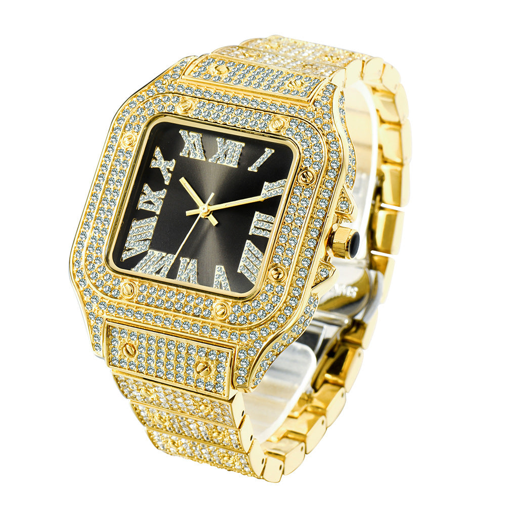 Roman Dial Marker High-End Hip Hop Style Diamond-Studded Square Watch