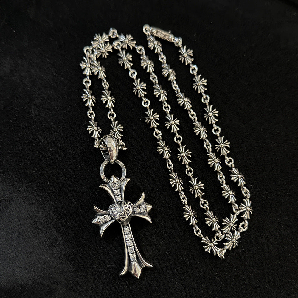 Chrome Hearts white diamond heart-shaped cross pendant