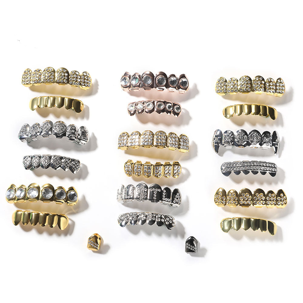 Hip-hop diamond-encrusted and gold-plated teeth grillz